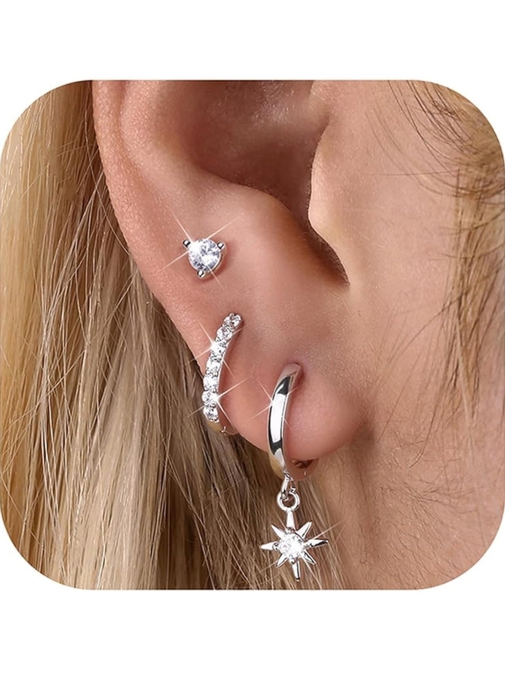 Sterling Silver CZ Star Dangle Hoop Earring - Silver